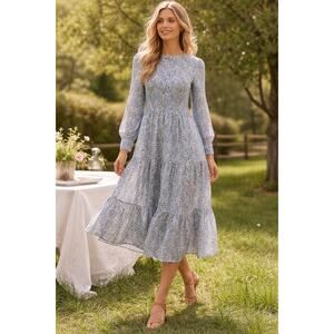 J. Crew Liberty London Blue Floral Midi Dress 6P Cottagecore Prairie Tiered